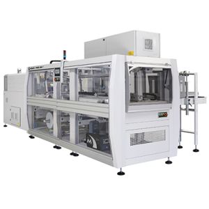 Automatska pakerica sa ulazom pod  90° za obmotavanje termofolije oko proizvoda jednom rolnom + tacna
