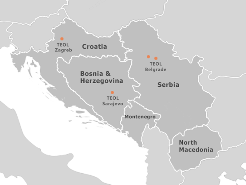 TEOL service region map — Belgrade, Zagreb, Sarajevo